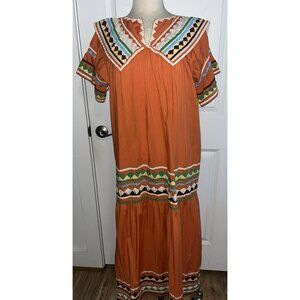 Vtg 1970s Seminole Dress Native American Indian Patchwork Maxi Orange Colorful